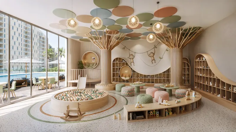 Kids room with a sculpted tree canopy