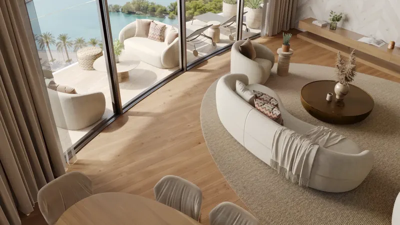 Living room opening to a curved terrace