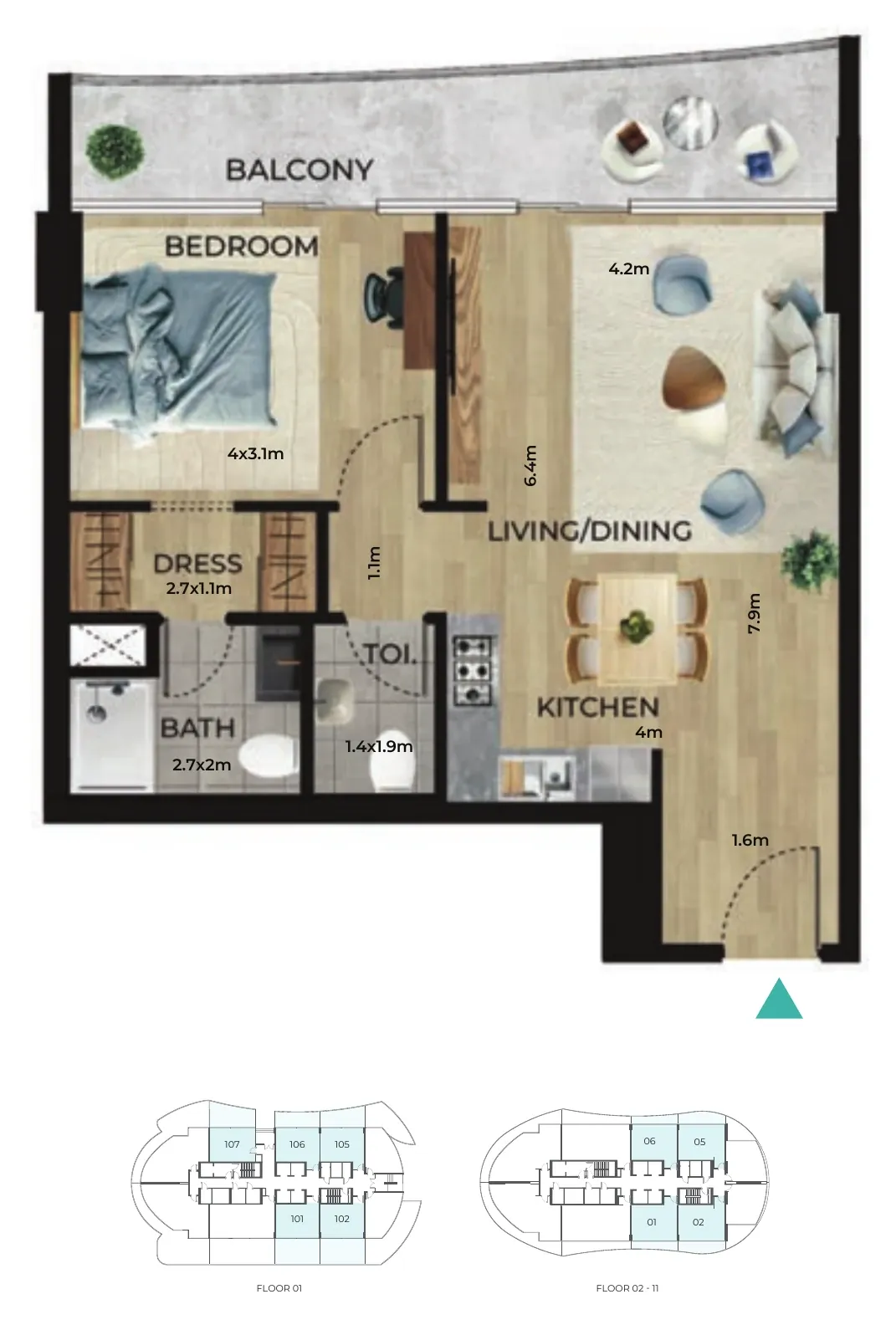 Floor plan, type 1BR-A