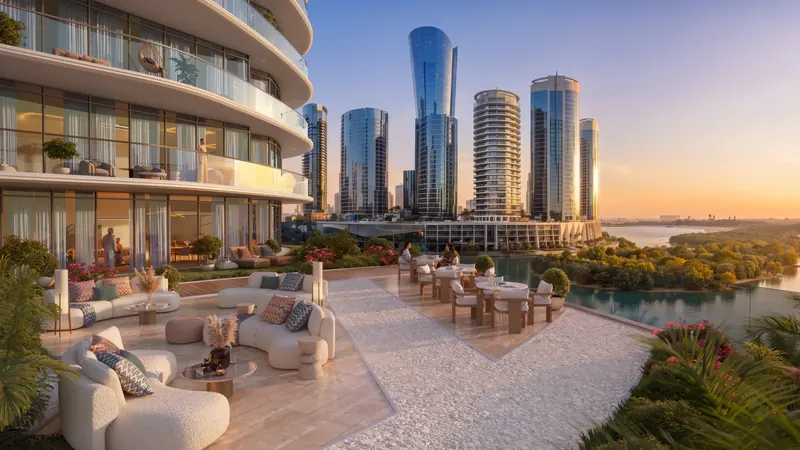 Landscaped terrace lounge at sunset