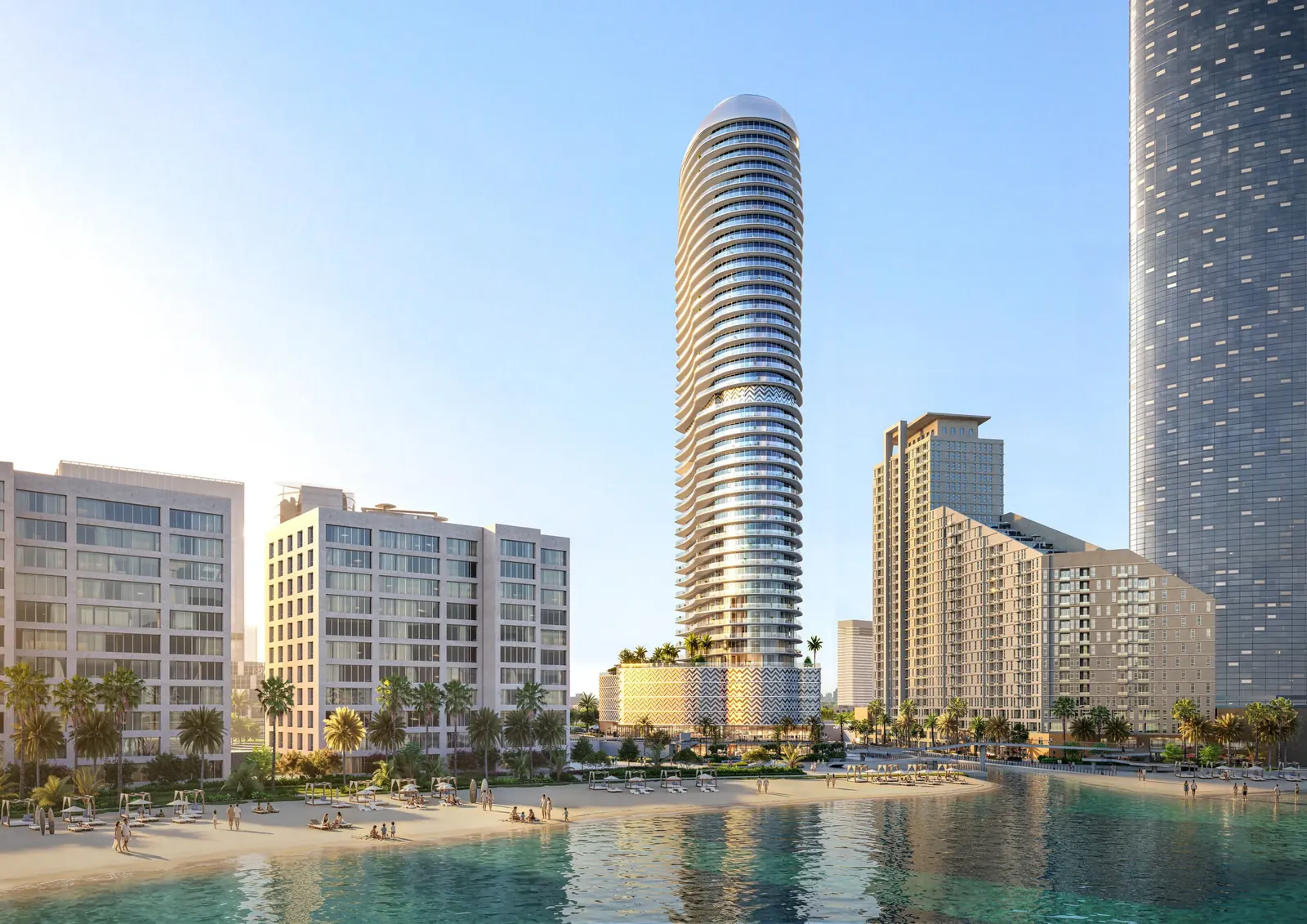 The Waterfront by Missoni tower rising above the beach on Al Reem Island